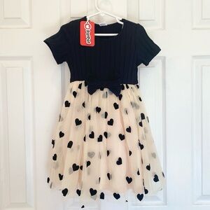 Patpat Black Top Spliced Cream Heart Pattern Mesh Girl Dress